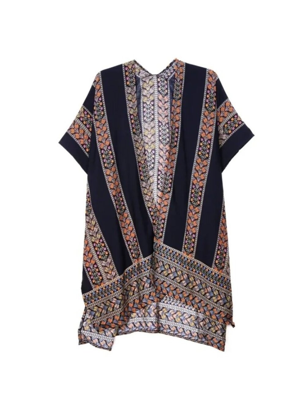 Navy Flower Print Kimono Open Front Wide Sleeves One Size Beach Cover Up Cruise